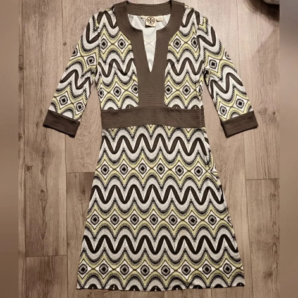 Tory Burch Geometric Silk  Dress Brown Size S